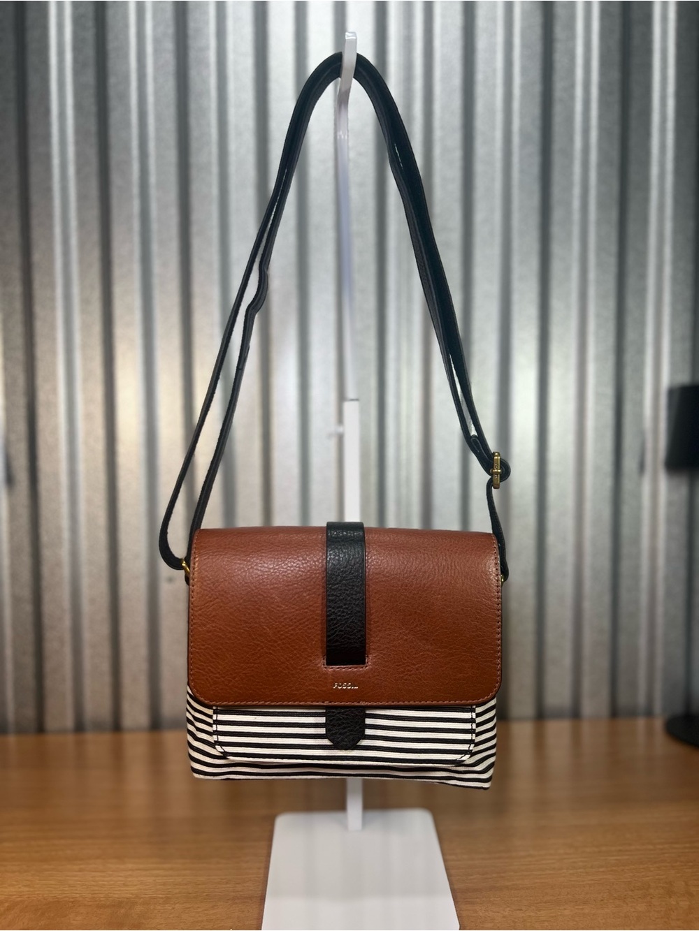 Fossil Cognac Leather Black White Striped Canvas Crossbody Bag